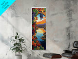 Grapevine Sunset, River, Wine Country Landscape Framed Canvas Print, Kitchen Wall Art, Autumn Boho Decor, Colorful Vineyard Scene