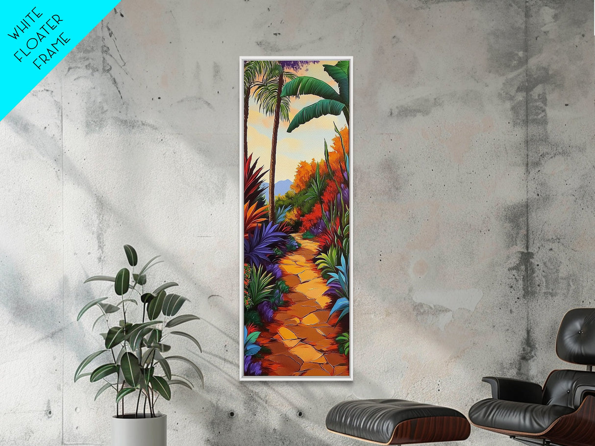 Tropical Pathway, Palms, Jungle Walkway Framed Canvas Print, Bohemian Wall Art, Bedroom Botanical Decor, Vibrant Nature Illustration