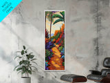Tropical Pathway, Palms, Jungle Walkway Framed Canvas Print, Bohemian Wall Art, Bedroom Botanical Decor, Vibrant Nature Illustration