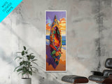 Canoe Beach, Sunset, Vibrant Boat Art Framed Canvas Print, Coastal Wall Decor, Tropical Living Room Art, Colorful Boho Adventure Scene