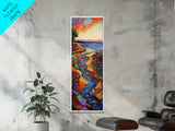 Sunset River, Landscape, Painting, Framed Canvas Print, Vibrant sunset river wall art, nature home decor, mountain style, hallway wall art