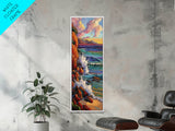 Ocean Cliffs, Sunset, Trees, Framed Canvas Print, Ocean cliffs wall art, glowing sunset scene, romantic coastal decor, entryway accent