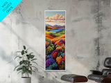 Wildflower Valley, Hillside, Sunset – Canvas Print fall landscape, boho decor, living room wall art, colorful nature art, autumn painting