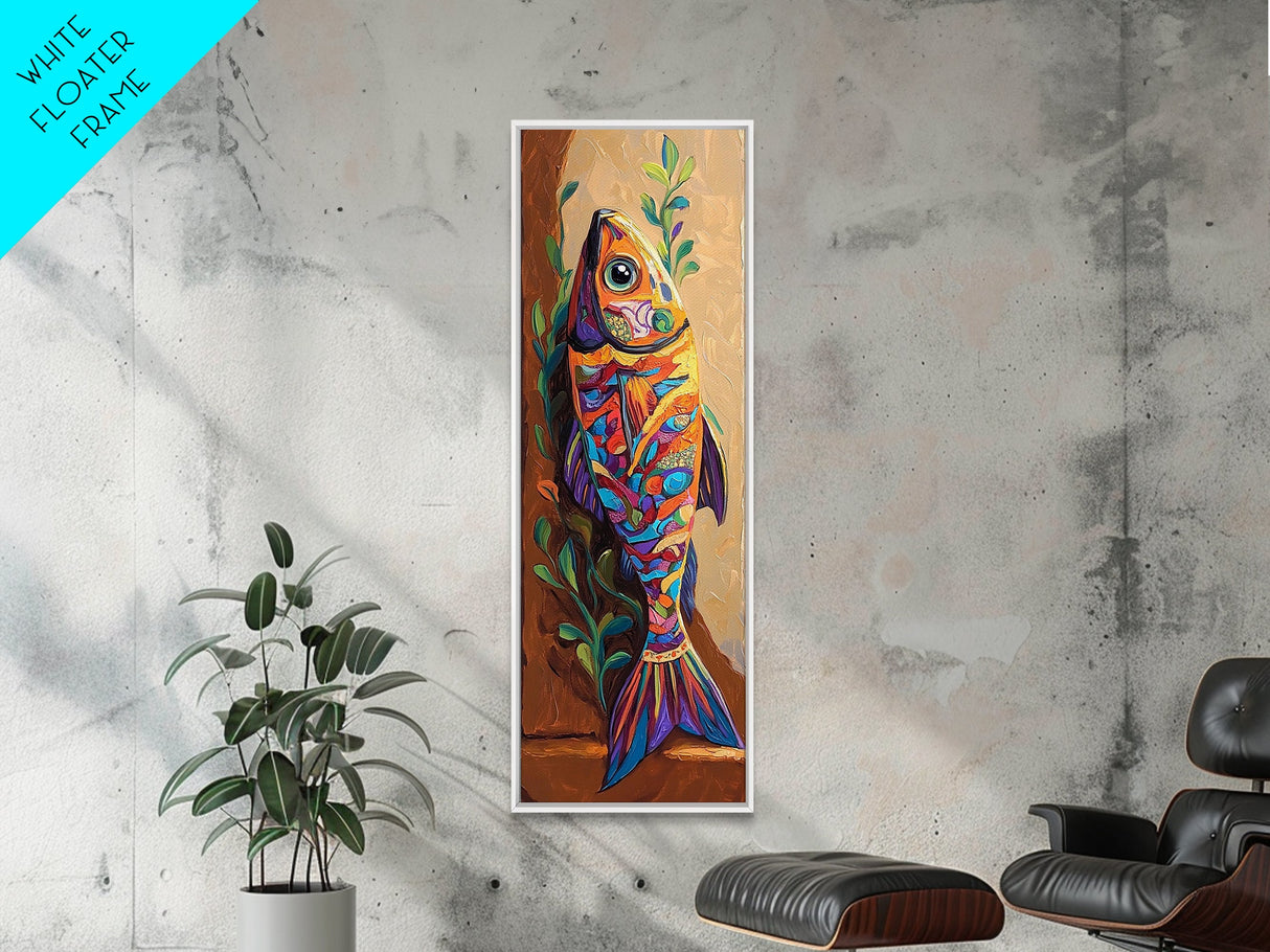 Colorful Fish, Folk Painting, Canvas Print Mexican folk art kitchen decor, ocean wall art, playful seafood theme, rustic coastal kitchen