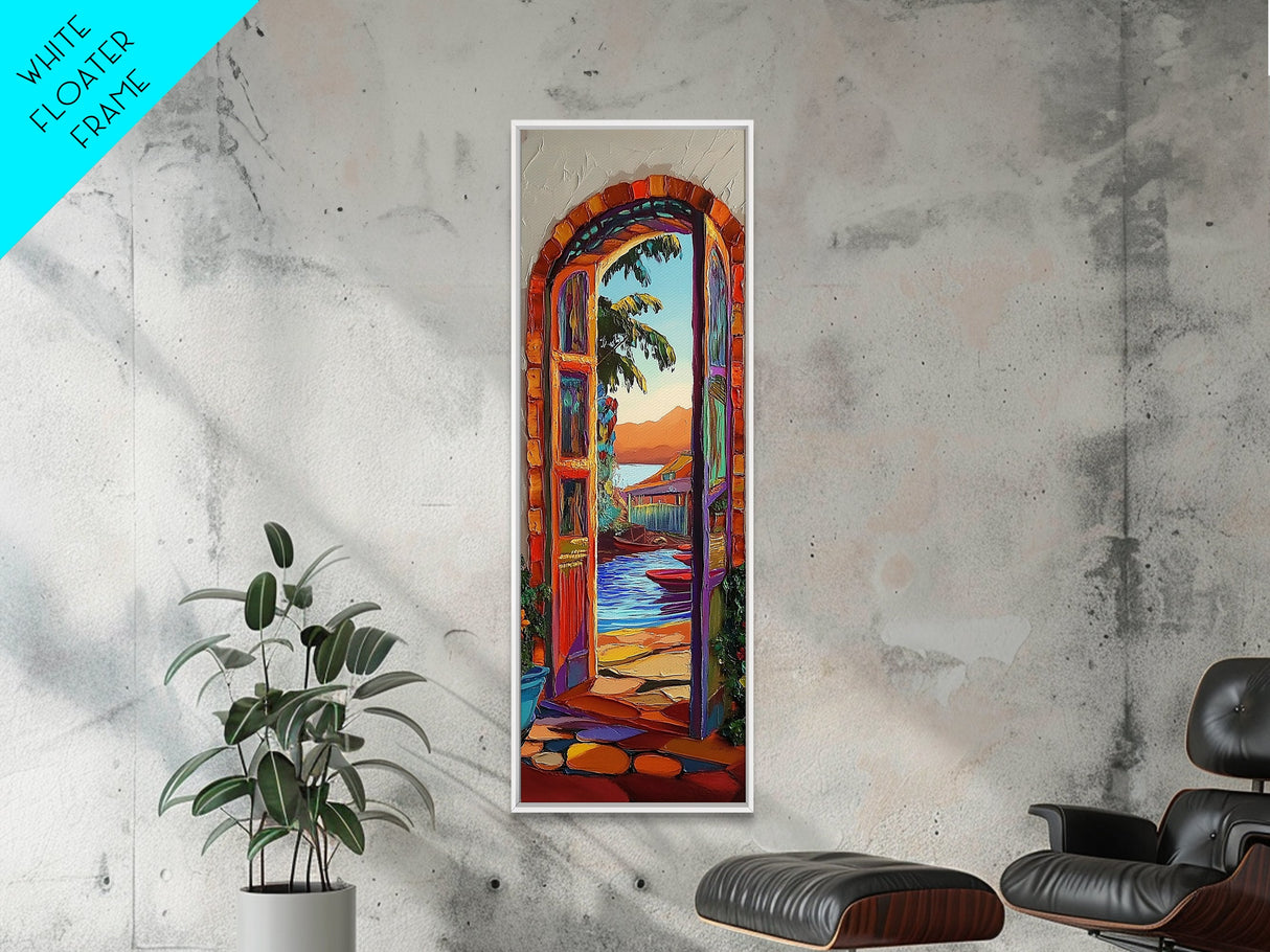Open Doorway, Water, Boats — Canvas Print of seaside view through open door, perfect Coastal Bathroom Wall Art or Tropical Living Room Decor
