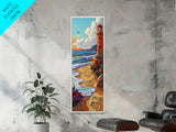 Lighthouse Beach, Nautical, Sunset Glow Framed Canvas Print, Ocean Wall Art, Coastal Living Room Decor, Seaside Boho Painting