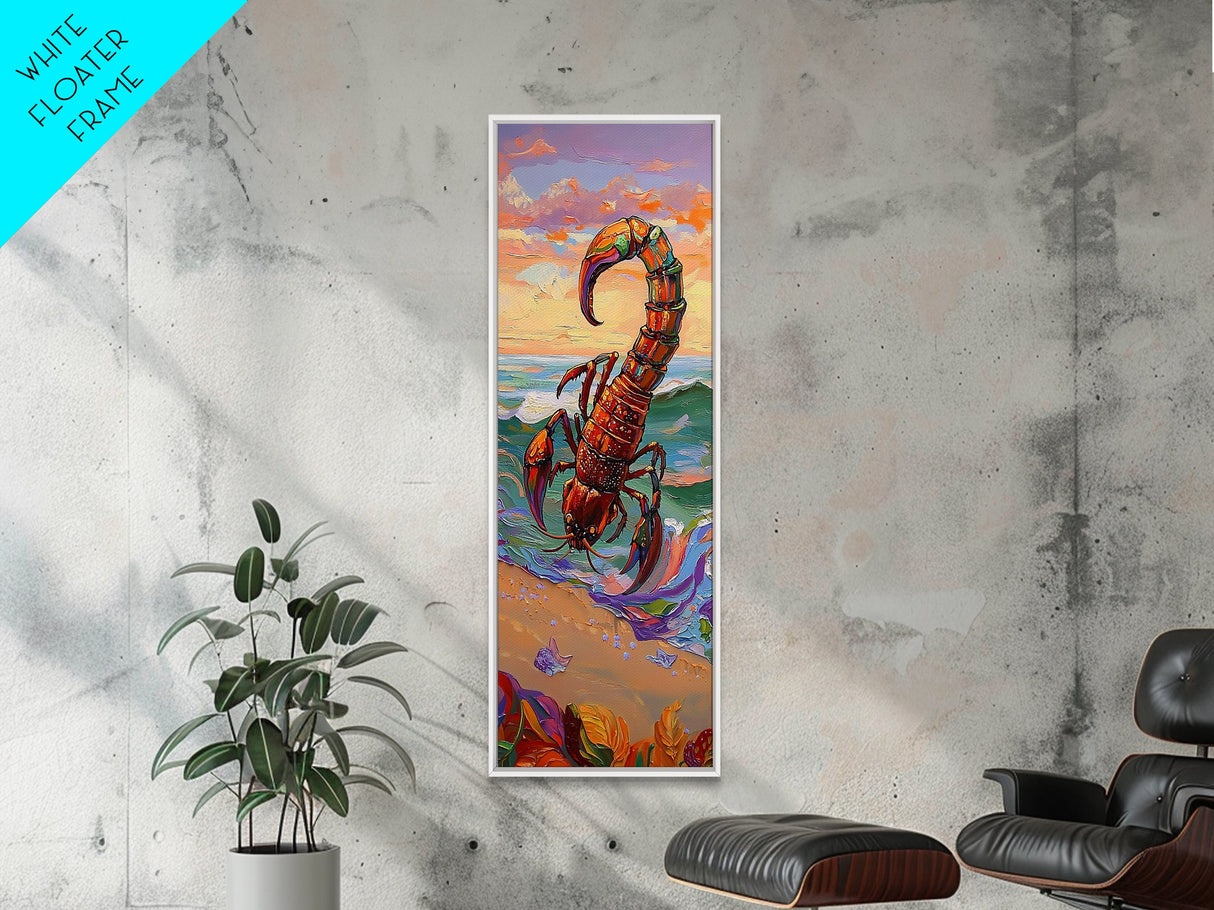 Scorpion Ocean, Sunset, Framed Canvas Print, Bold Coastal Wall Art, Beach Bedroom Decor, Vibrant Nautical Style, Surreal Animal Artwork