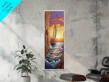 Sailboat Sunset, Cliff, Canvas Print, Vibrant Nautical Wall Art, Boho Coastal Decor, Adventure Beach House Living Room Statement
