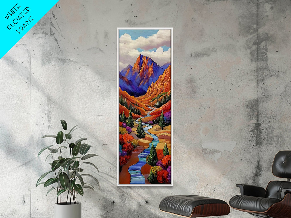 Autumn River, Bold Mountains, Canyon, Nature Wall Decor, Framed Canvas Print, Fall Living Room Art, Colorful Landscape Style