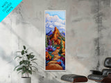 Trail Path, Wildflowers, Mountain View, Nature Escape Scene, Framed Canvas Print, Rustic Boho Wall Art, Cabin Entryway Decor