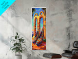 Shoes Archway, Sunset, Canvas Print, Colorful heels with sunset archway background painting, eclectic fashion art, bedroom decor