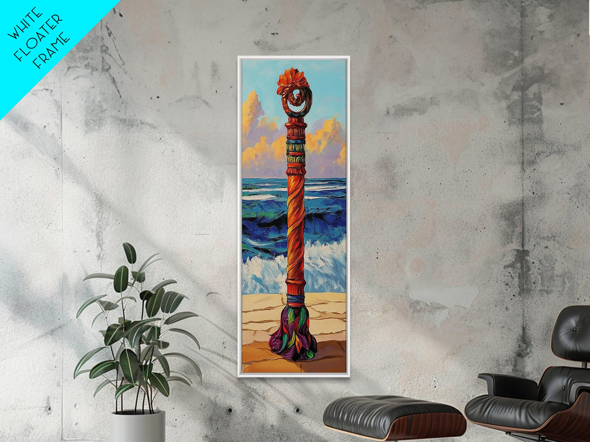 Coastal Totem, Bold, Art, Framed Canvas Print tropical tribal decor, ocean beach vibes, colorful surfside pole painting, seaside living room