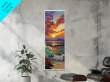 Sunset Seascape, Waves, Ocean Framed Canvas Print vivid wave crashing art, colorful sky landscape, modern coastal art, beach house decor
