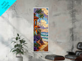 Coastal Villa, Surf, Tropics Canvas Print Mediterranean villa by the sea art, surfboard and tropical plants, boho beach decor, hallway print