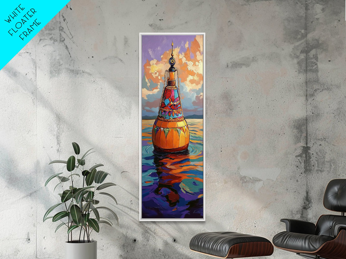 Vibrant Buoy, Sunset Waterscape – Nautical Wall Decor, Coastal Art, Ocean Room Accent, Framed Canvas Print, Colorful Boho Sea Art