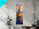 Vibrant Buoy, Sunset Waterscape – Nautical Wall Decor, Coastal Art, Ocean Room Accent, Framed Canvas Print, Colorful Boho Sea Art