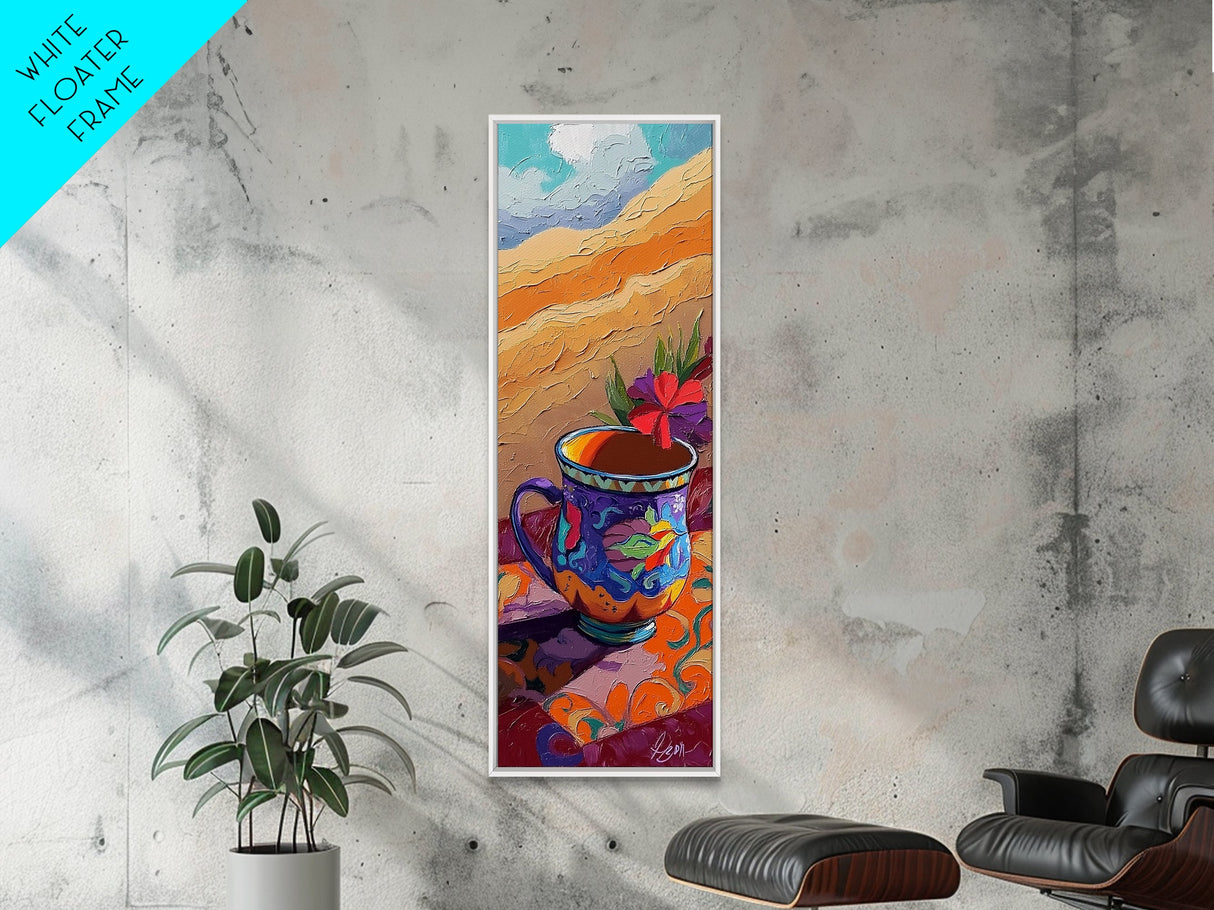 Cup Hibiscus, Coffee, Bold - Framed Canvas Print coffee lover gift, tropical mug painting, breakfast nook decor, colorful boho wall art