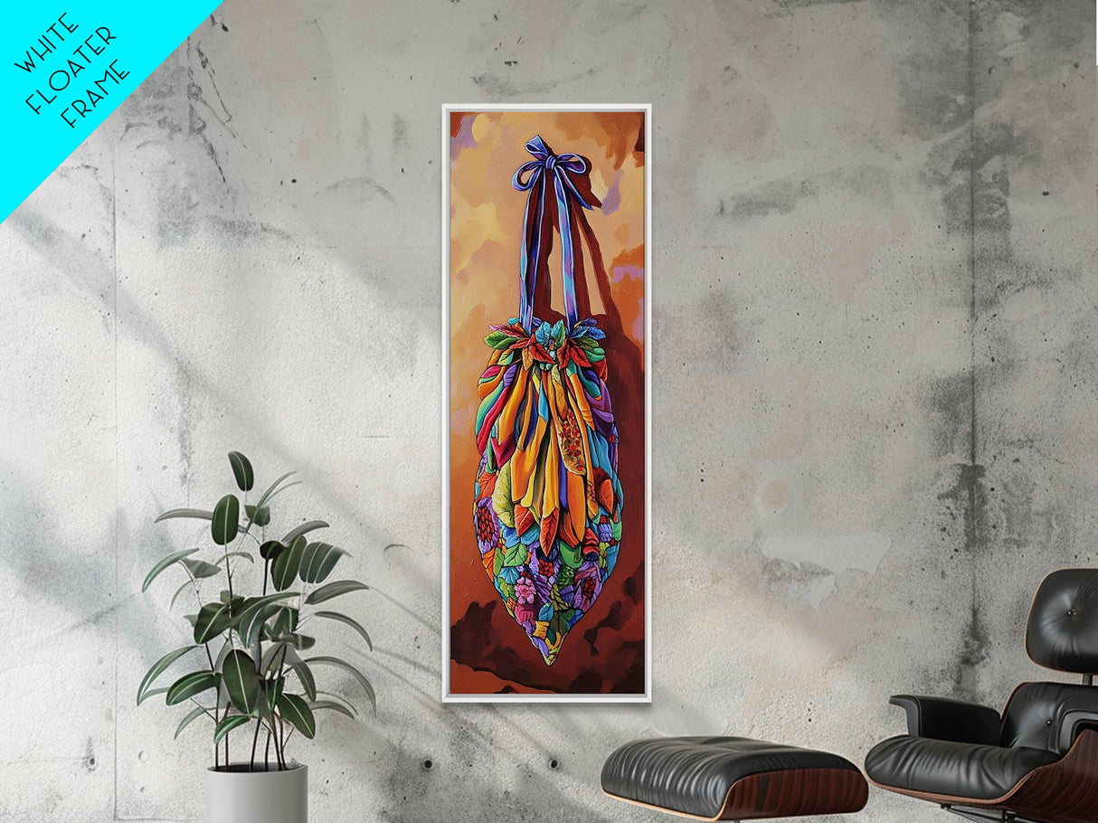 Bag Ribbon, Textiles, Fiesta - Framed Canvas Print boho textile wall art, vibrant folk art style, colorful entryway decor, Fall home accent