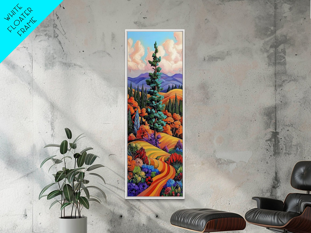 Autumn Pathway, Fields Vibrant — Framed Canvas Print, fall landscape painting, rustic farmhouse decor, countryside path wall art, living room