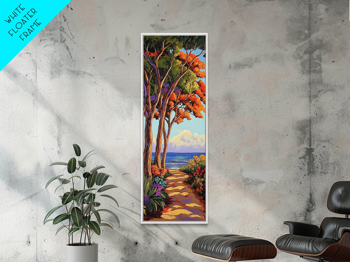 Trees Shoreline,Sunset,Serene — Framed Canvas Print, coastal nature wall art, tropical autumn decor, landscape painting, living room artwork