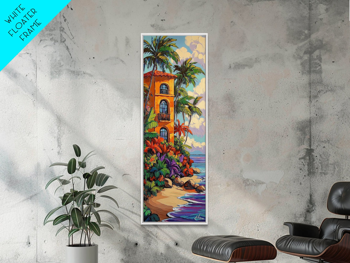 Villa Palms, Beach Colorful — Framed Canvas Print, tropical vacation home decor, beach house art, vibrant coastal scene, entryway print
