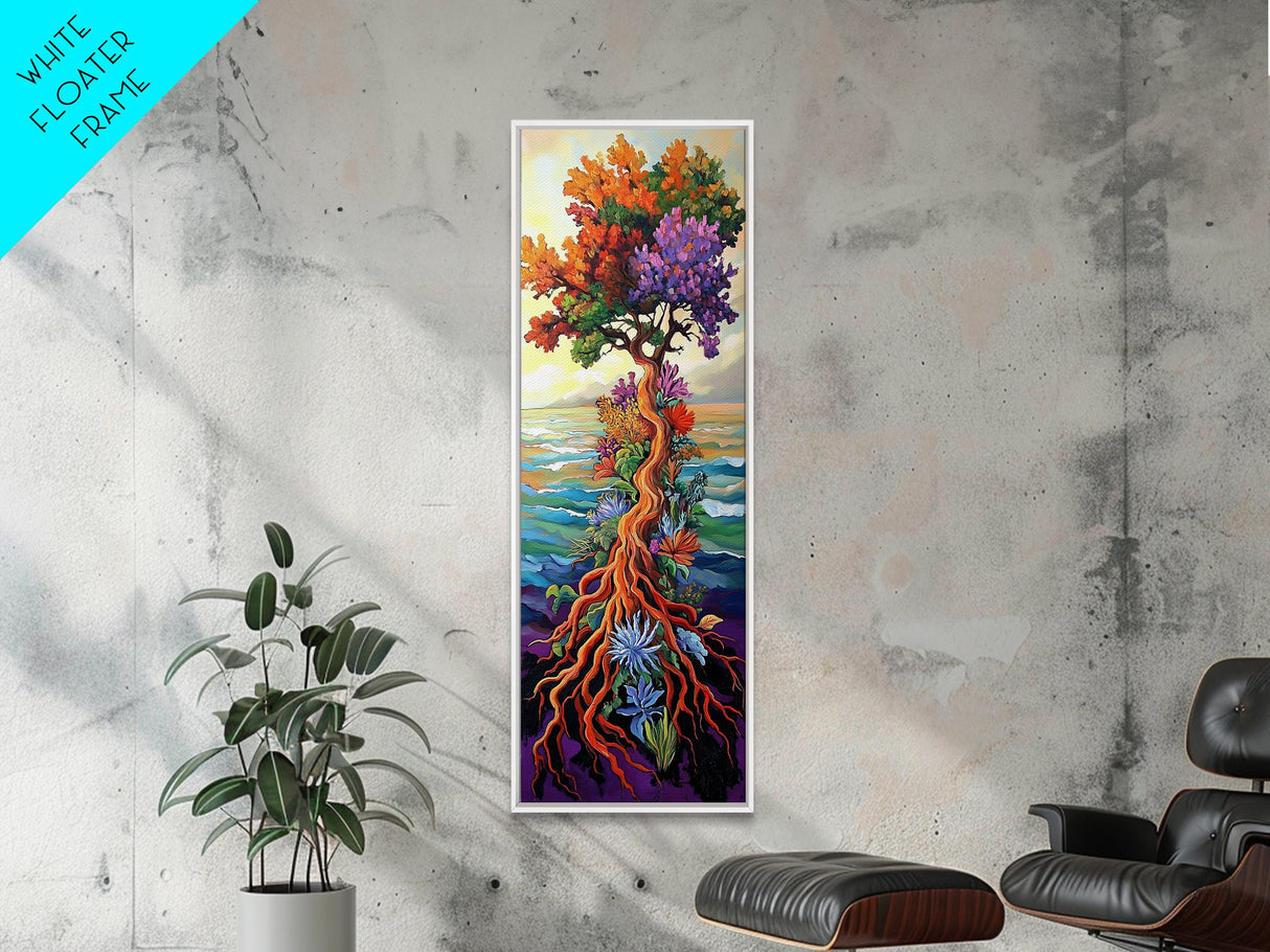 Tree of Life, Vibrant Roots, Abstract Nature Scene, Framed Canvas Print, Bohemian Home Art, Whimsical Bedroom Decor, Colorful Spiritual Art