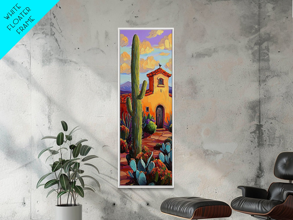 Mission Cactus, Desert Sunset – Southwestern Church Wall Art, Rustic Fall Colors, Framed Canvas Print, Living Room Boho Style