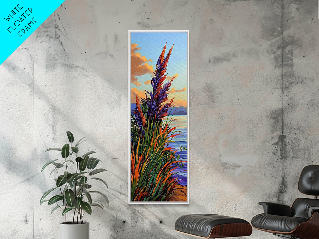 Feather Grass, Sunset Field, Colorful Coastal Landscape, Framed Canvas Print, Boho Bedroom Wall Art, Nature Inspired Living Room Decor
