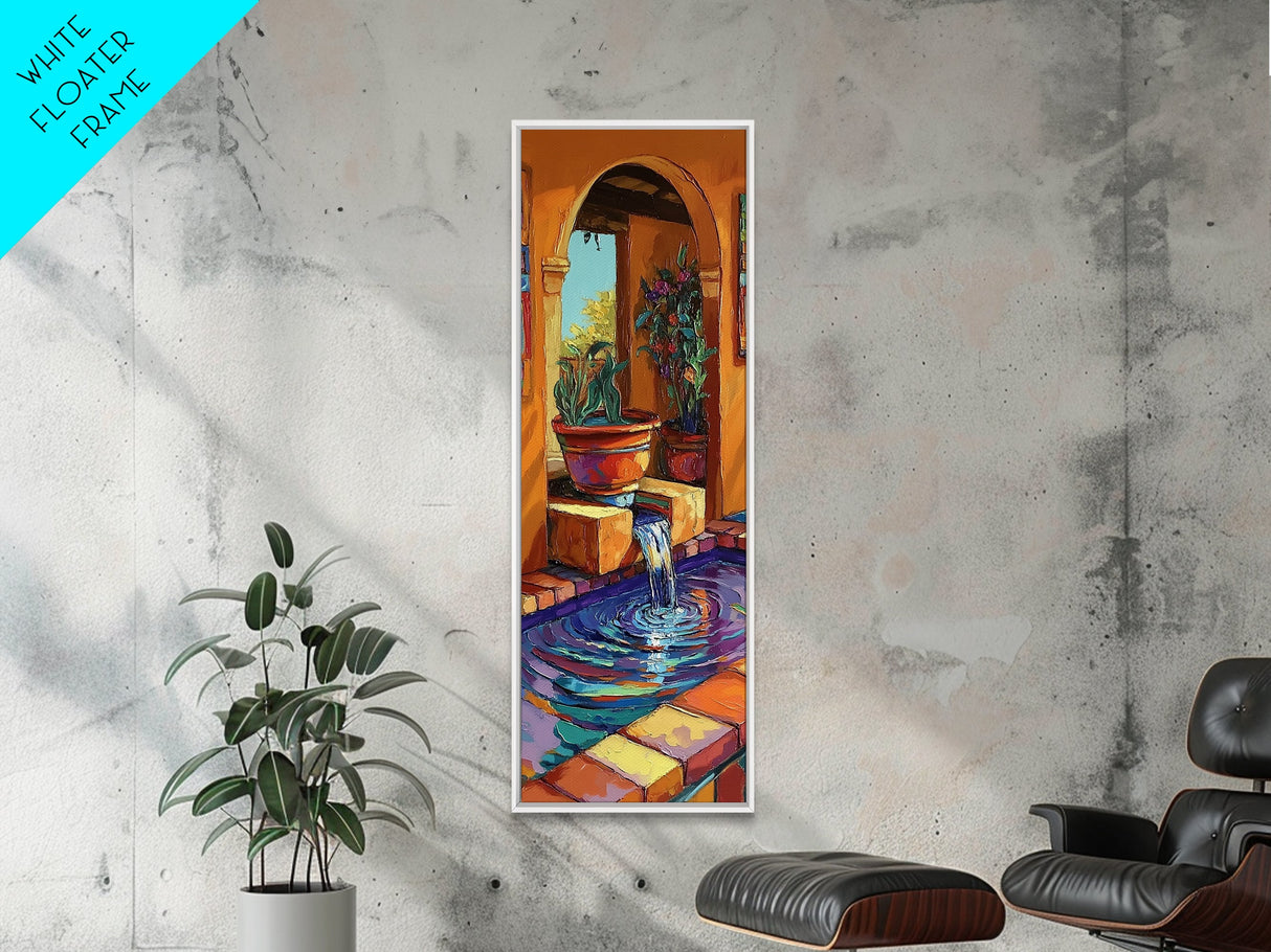 Courtyard Fountain, Terracotta Colors, Spanish Style Decor, Framed Canvas Print, Rustic Kitchen Wall Art, Mediterranean Patio Scene