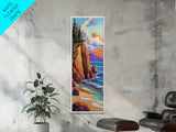 Rocky Coast, Ocean Cliffs, Sunset Mountain Seascape, Framed Canvas Print, Nature Landscape Wall Art, Fall Living Room Wilderness Decor