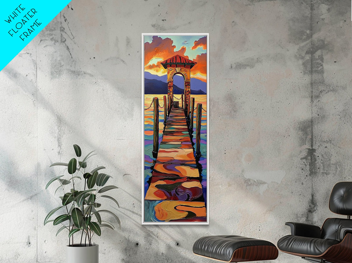 Sunset Pier, Pathway, Landscape, Framed Canvas Print, Coastal Wall Art, Sunset Beach Decor, Living Room Art, Colorful Landscape Painting