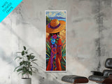 Woman Hat, Flowers, Beach, Canvas Print, Boho Wall Art, Coastal Bedroom Decor, Mexican Art Style, Colorful Summer Wall Accent