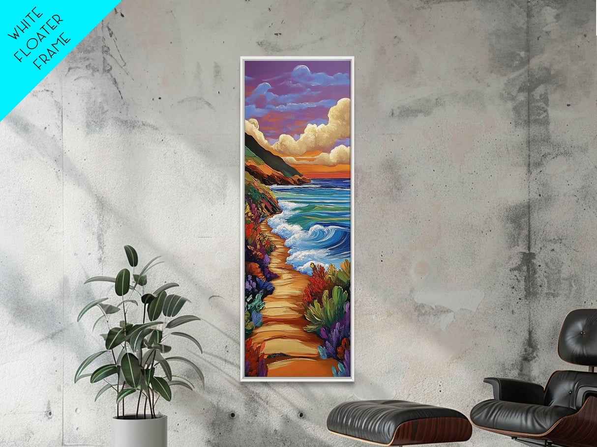 Beach Path, Coastal, Sunset, Framed Canvas Print, Ocean Wall Art, Beach House Hallway Decor, Colorful Nature Painting, Tropical Vibes
