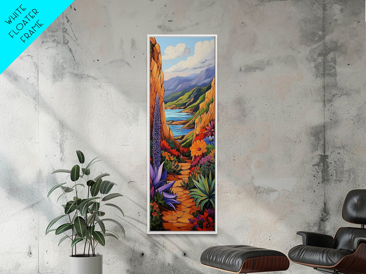 Colorful Desert, Garden, Pathway, Framed Canvas Print, boho art, hallway wall decor, vibrant landscape painting, cactus desert art