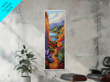 Colorful Desert, Garden, Pathway, Framed Canvas Print, boho art, hallway wall decor, vibrant landscape painting, cactus desert art
