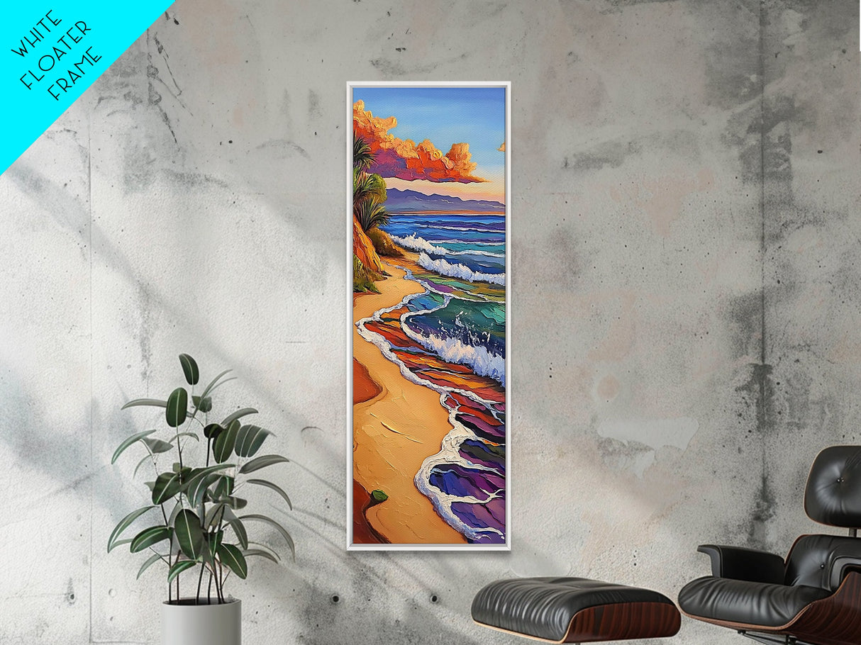 Rainbow Beach, Shoreline, Waves, Framed Canvas Print, abstract seascape, boho coastal art, modern living room beach wall decor