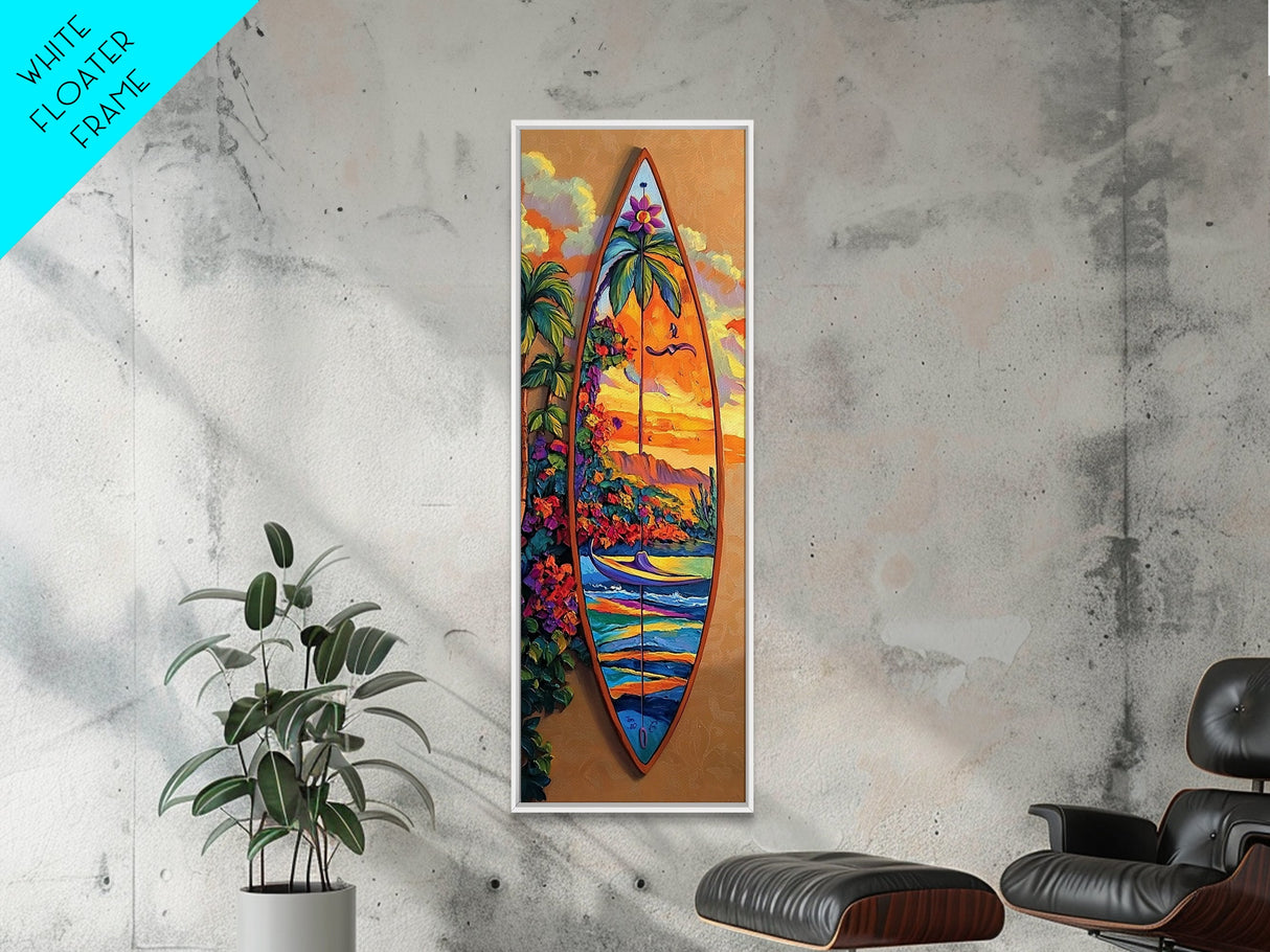 Surfboard Tropical, Sunset, Palm, Framed Canvas Print, Hawaiian surf art, beach house decor, vibrant coastal living room artwork