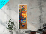 Surfboard Tropical, Sunset, Palm, Framed Canvas Print, Hawaiian surf art, beach house decor, vibrant coastal living room artwork
