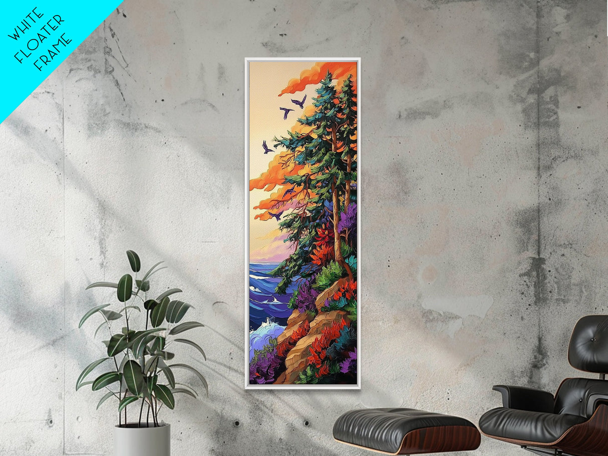 Forest Cliffside, Birds, Ocean, Canvas Print, vibrant fall art, whimsical nature scene, cabin wall art, living room or den decor