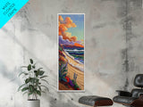 Shoreline Wildflowers, Waves, Sunset, Framed Canvas Print, beach boho art, floral coastal scene, bathroom or bedroom wall decor