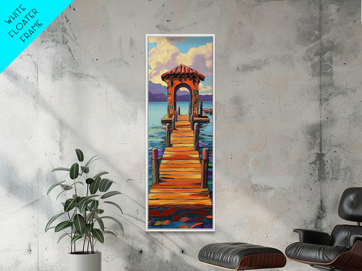Colorful Pier, Archway, Water — Framed Canvas Print of a vibrant pier scene, coastal wall art, boho lake house decor, office accent