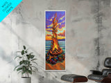 Vibrant Campfire, Sunset Beach – Colorful Beach Bonfire Painting, Fall Outdoor Wall Art, Framed Canvas Print, Cabin Living Room Style