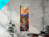 Canyon Sunset, Waterfall Calm, Framed Canvas Print, dramatic mountain wall art, nature inspired living room decor, colorful scenic landscape