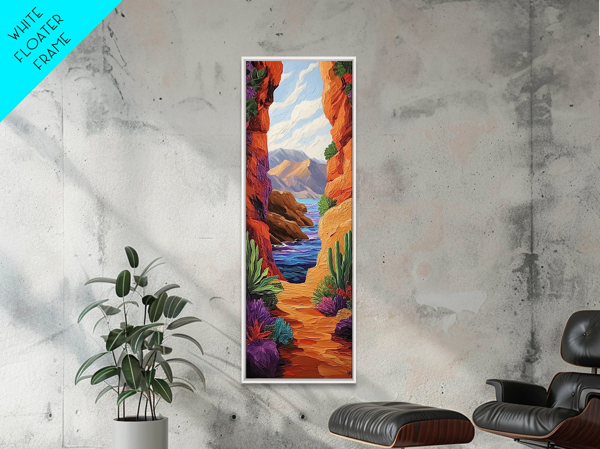 Desert Ocean, Cactus View, Framed Canvas Print, southwestern boho wall art, colorful nature painting, rustic hallway decor, warm earth tones