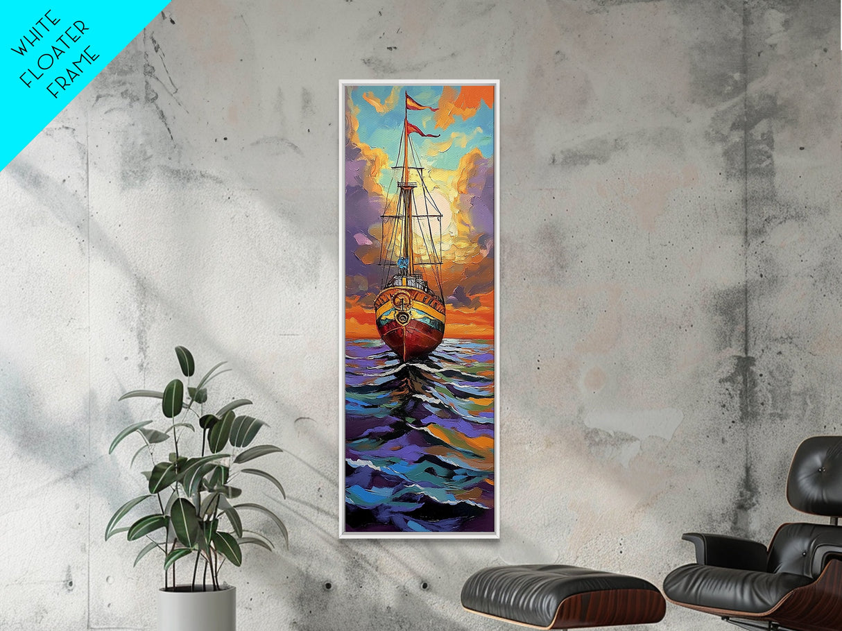 Pirate Ship, Sunset Ocean, Framed Canvas Print, nautical wall art, sailing adventure painting, moody seascape decor, office or den wall art