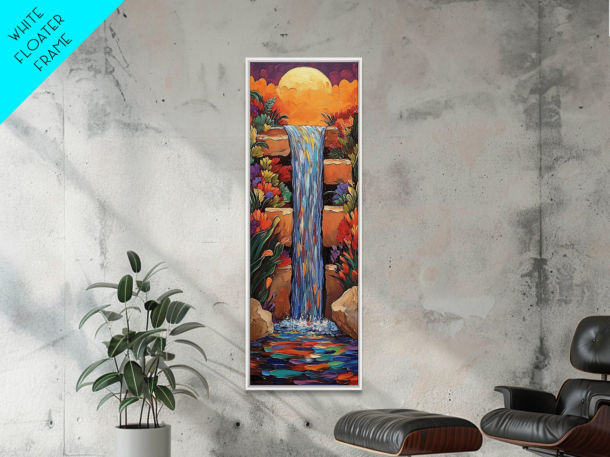 Sunset Waterfall, Flowers Fantasy, Framed Canvas Print, Vibrant landscape art, living room boho decor, magical nature scene
