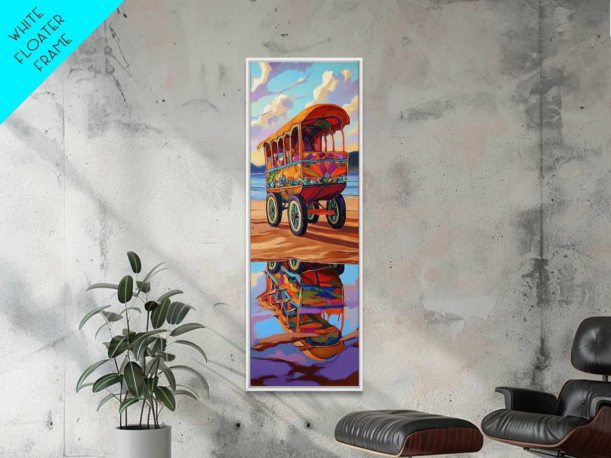 Wagon Reflection, Beach Vibrant, Framed Canvas Print, Colorful bohemian coastal art, living room decor, whimsical wall painting