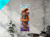 Wagon Reflection, Beach Vibrant, Framed Canvas Print, Colorful bohemian coastal art, living room decor, whimsical wall painting