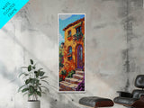 Villa Mediterranean, Doorway Autumn, Framed Canvas Print, Warm Tuscany house painting, rustic wall art, kitchen or entryway decor