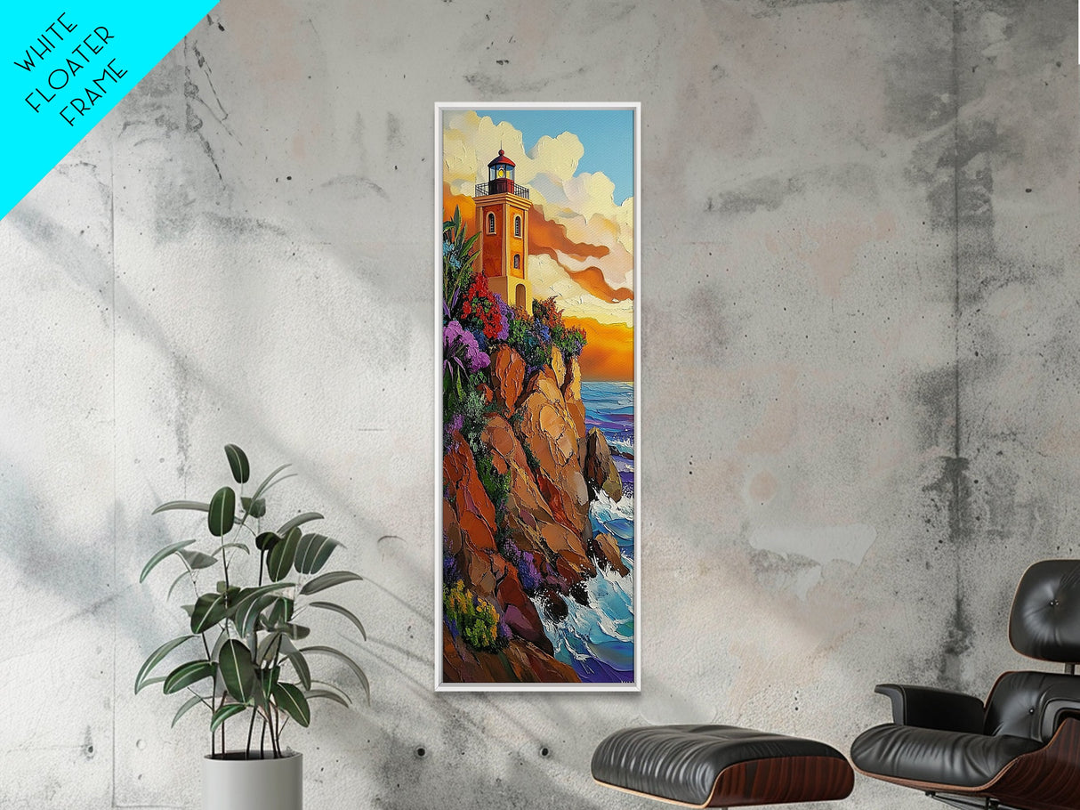 Lighthouse Sunset, Ocean Rocky, Framed Canvas Print, Nautical coastal art, lighthouse wall decor, living room or beach house art